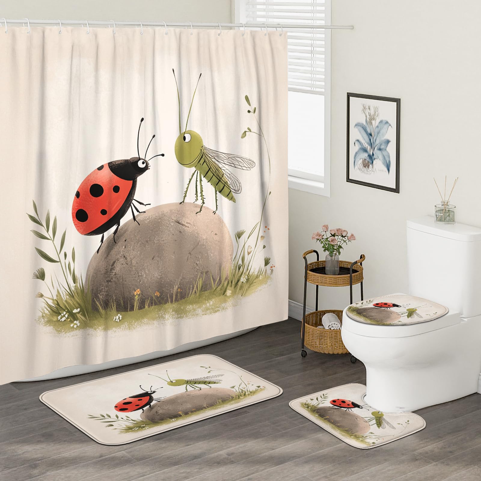 DESIHOM 4PCS Cartoon Kids Ladybug Shower Curtain Sets with Non-Slip Rug, U Shape and Toilet Lid Cover Mat, Anime Fun Insect Home Decor, Bathroom Accessory with 12 Hooks