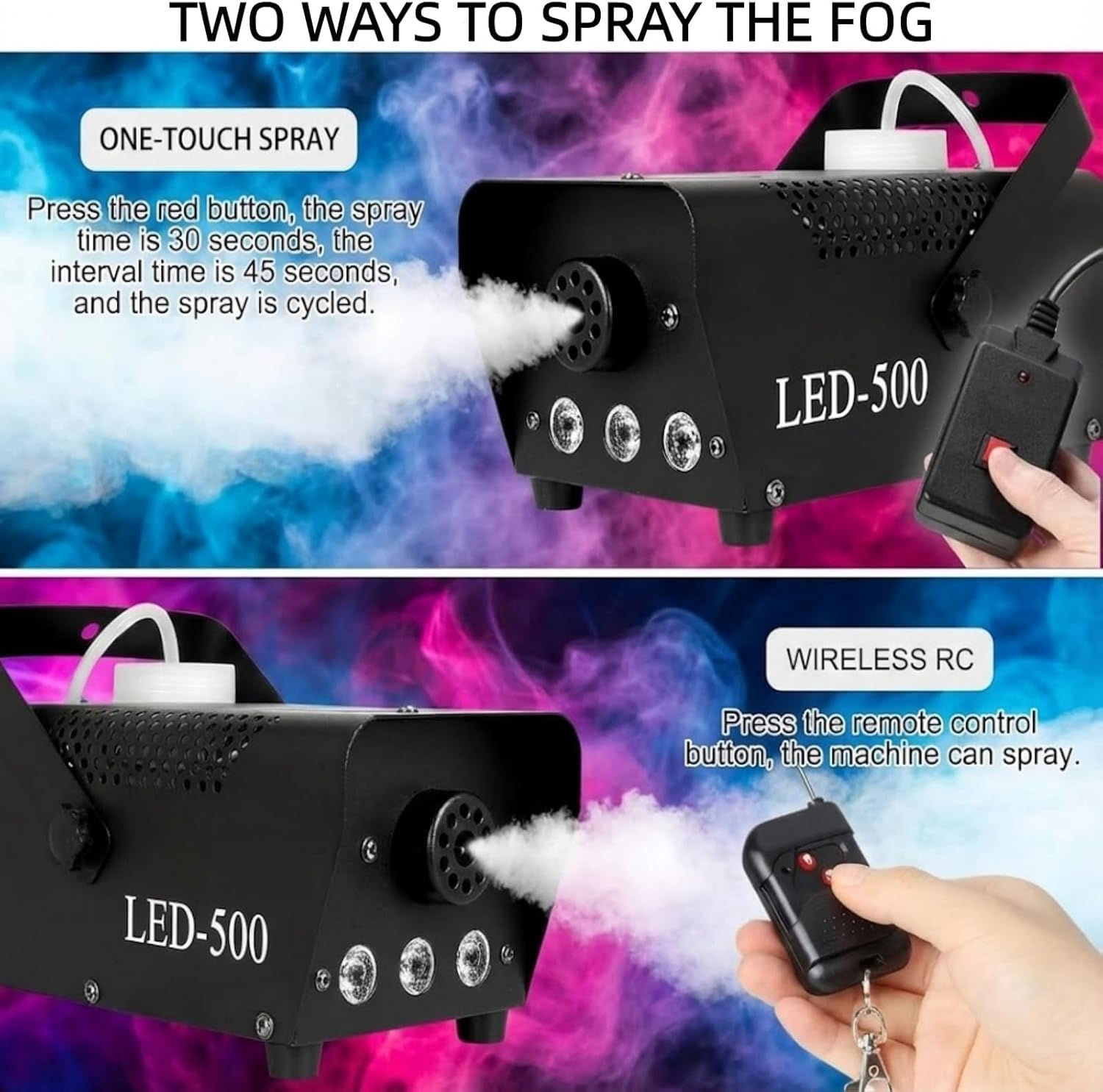 Nebbia Macchina del Fumo 500W con 3 LED RGB, Mini Portatile con 2 Telecomandi, Automatica, 300ml Serbatoio per Halloween Matrimonio DJ Feste Discoteca Palco (B)