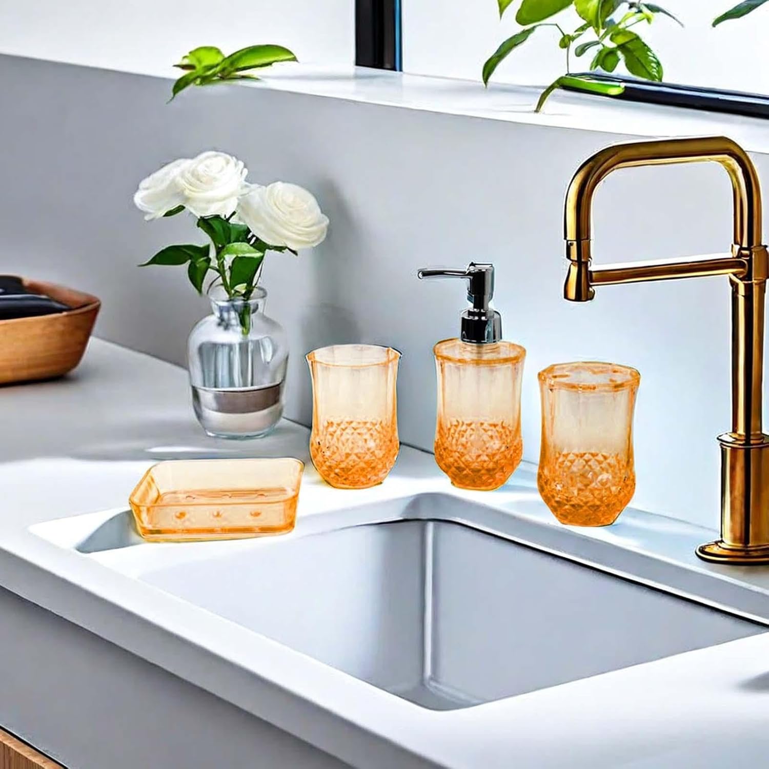 4 Pieces Toothbrush Holder Soap Dispenser Apartment Essentials Acrylic Soap Dish Bathroom Accessories Set for Countertop, Orange
