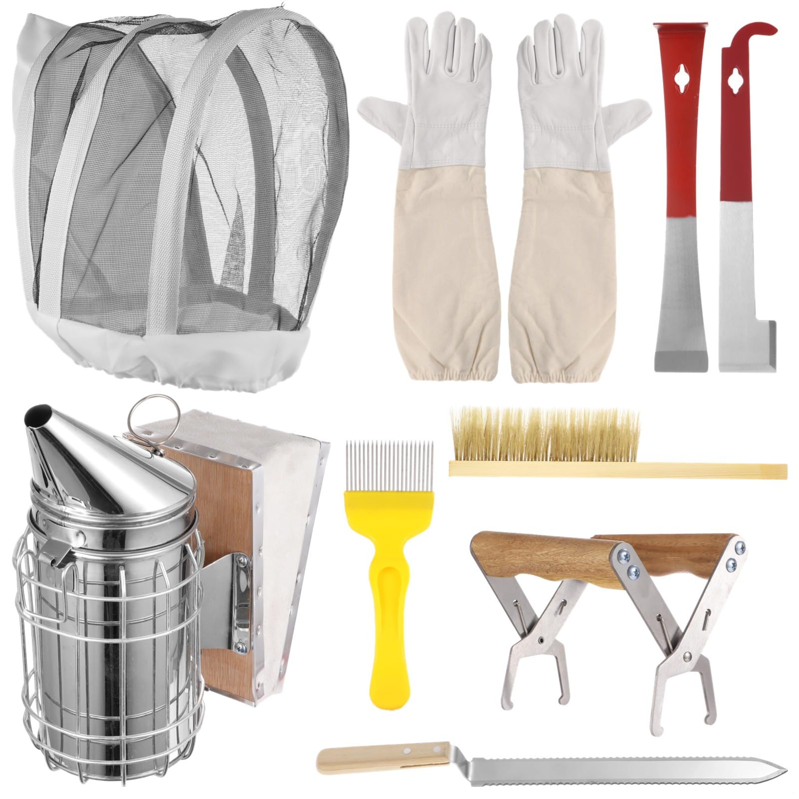 Essential Bee Smoker-Set, Bienenhaltungswerkzeuge und Zubehör für Anfänger, 9-teiliges Imker-Starter-Set, mit Rahengriff, Entdeckungsmesser, Entdeckelgabel, Bürste, Bienenstockhaken