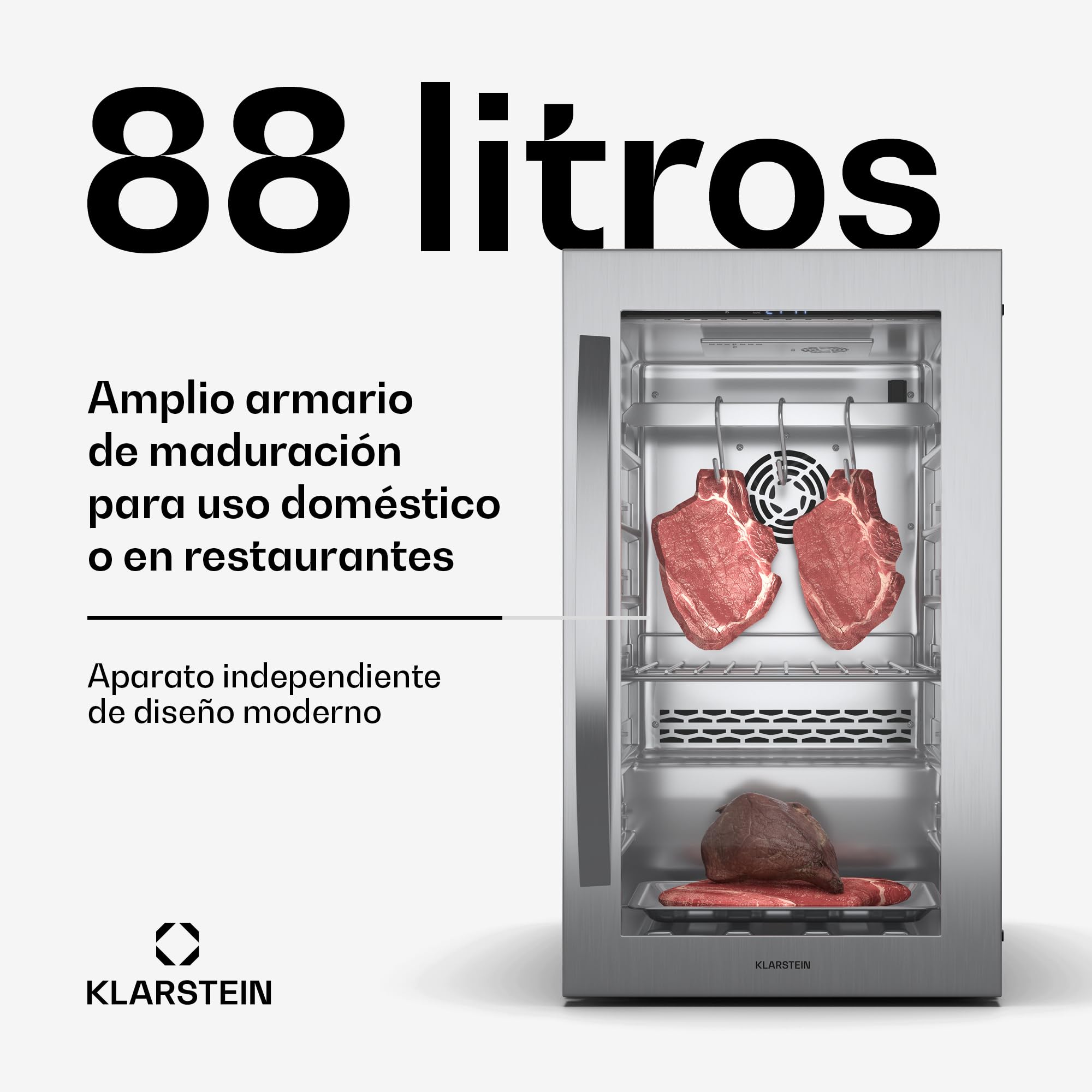 Klarstein Nevera Maduración Carne, 88L, Control de Temperatura y Humedad, Iluminación UVC Antibacteriana, Panel Táctil, Puerta Doble Acristalamiento, Ideal para Casa y Restaurante, Acero Inox