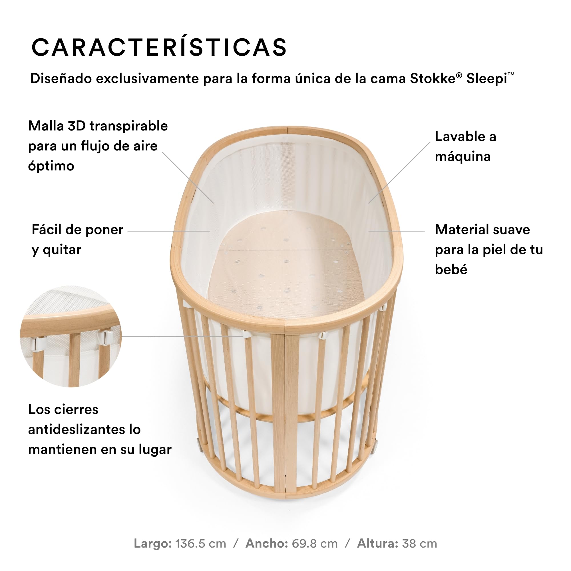 Stokke Forro de Malla para la Sleepi Mini, Blanco - Malla 3D Transpirable para un sueño Seguro - Compatible con Sleepi Mini - Lavable a máquina