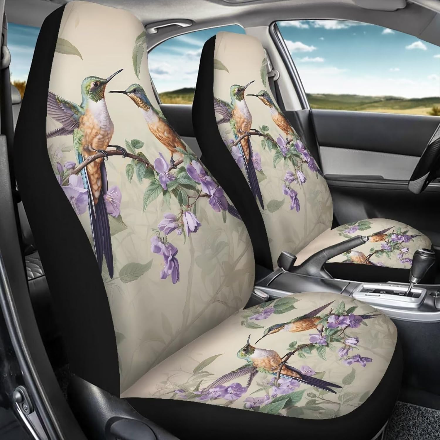 2 Piece Baby Purple Flowers Hummingbirds Print Car Seat Covers Protector for Momen Men Cover Old Seat Easy to Install Remove