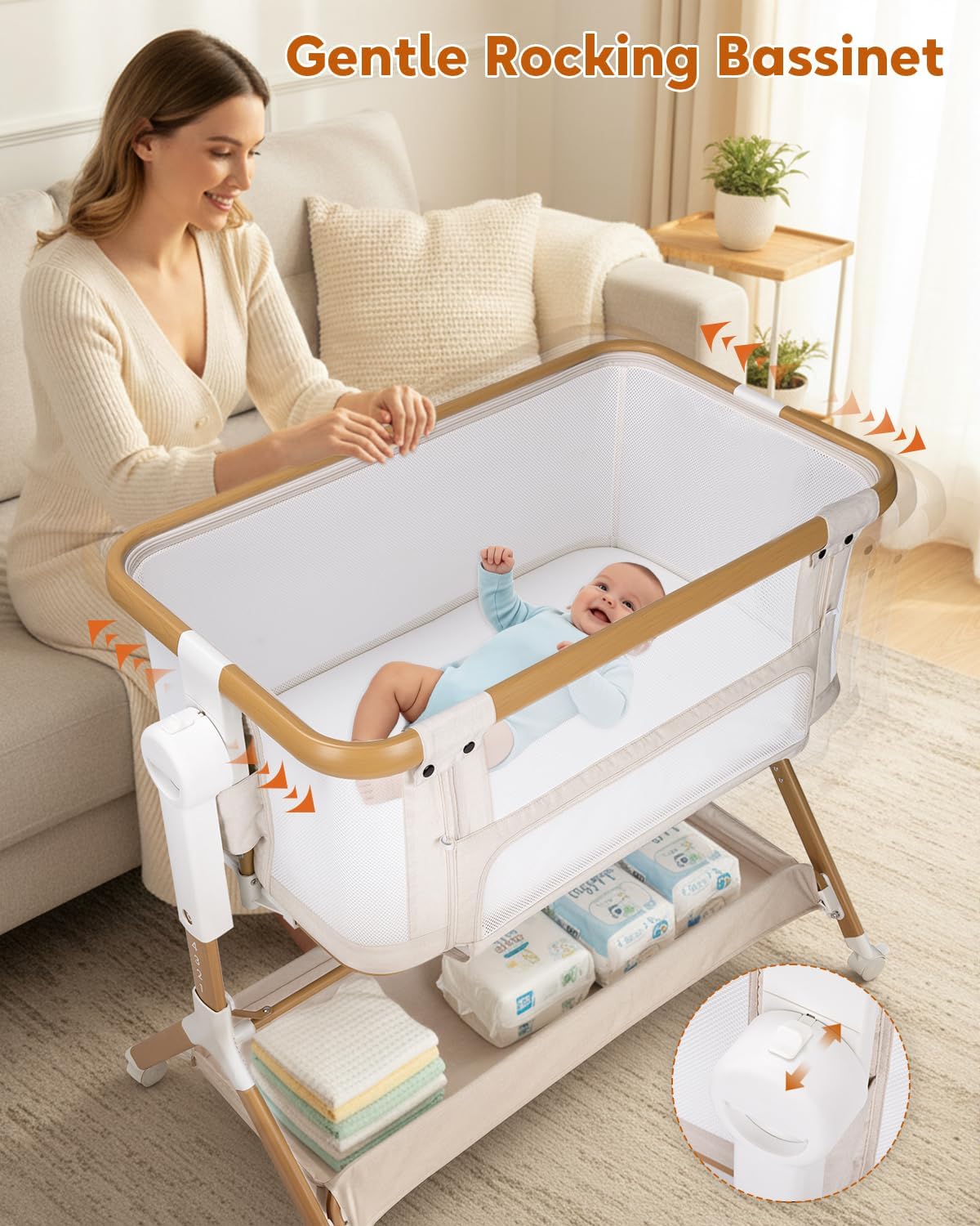 3 in 1 Baby Bassinet, Rocking Bassinet, Bedside Sleeper for Baby, Breathable Full-Mesh, 6 Height Adjustable, Comfy Mattress, Lockable Wheels, Storage Basket, Stable and Cozy Crib for Newborn Infant