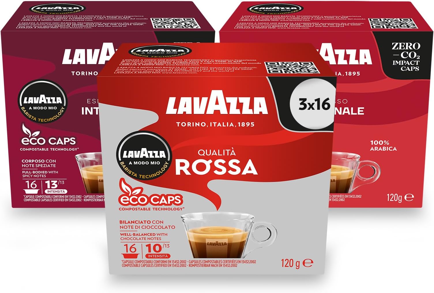 Lavazza, Strong Trio, A Modo Mio, Coffee Capsules, Compostable, 3 packs of 16 Coffee Pods (48 Coffee Capsules)