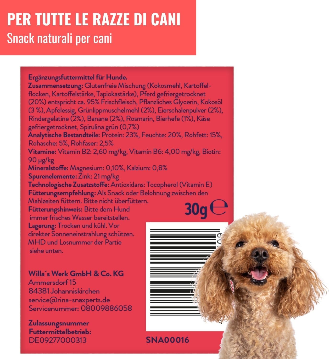 RiNa - Dolcetti per cani al forno delicatamente con cavallo e cocco, per ossa, denti e equilibrio minerale, 6 x 300 g, facili da porzionare