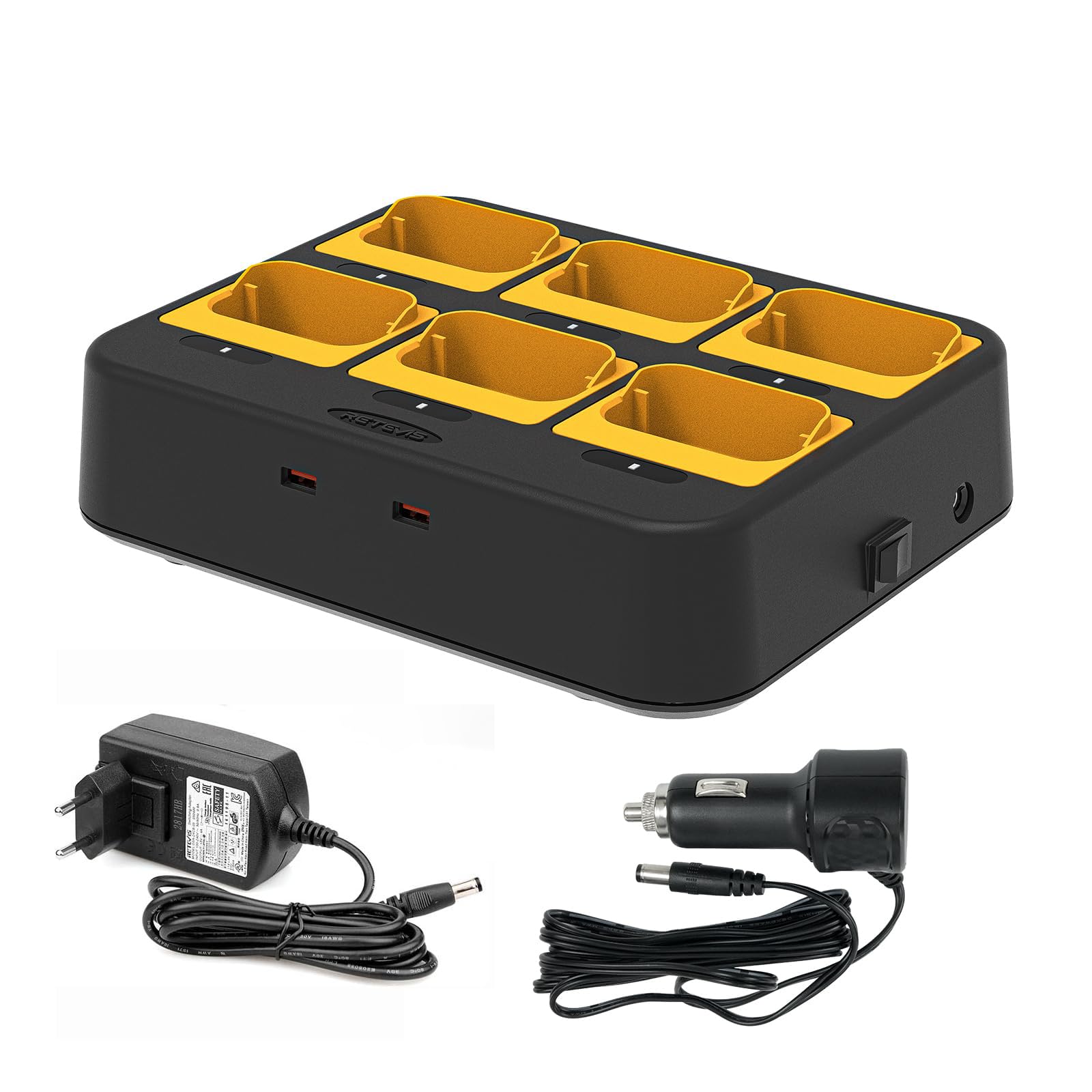 Retevis RB648 Cargador de 6 Puertos para Walkie-talkies RB648/RB648P, Carga 6 Radio de 2 vías, con 8 Protecciones, Alimentación AC/DC e Indicadores LED, Carga Eficiente y Segura (1 Paquete)