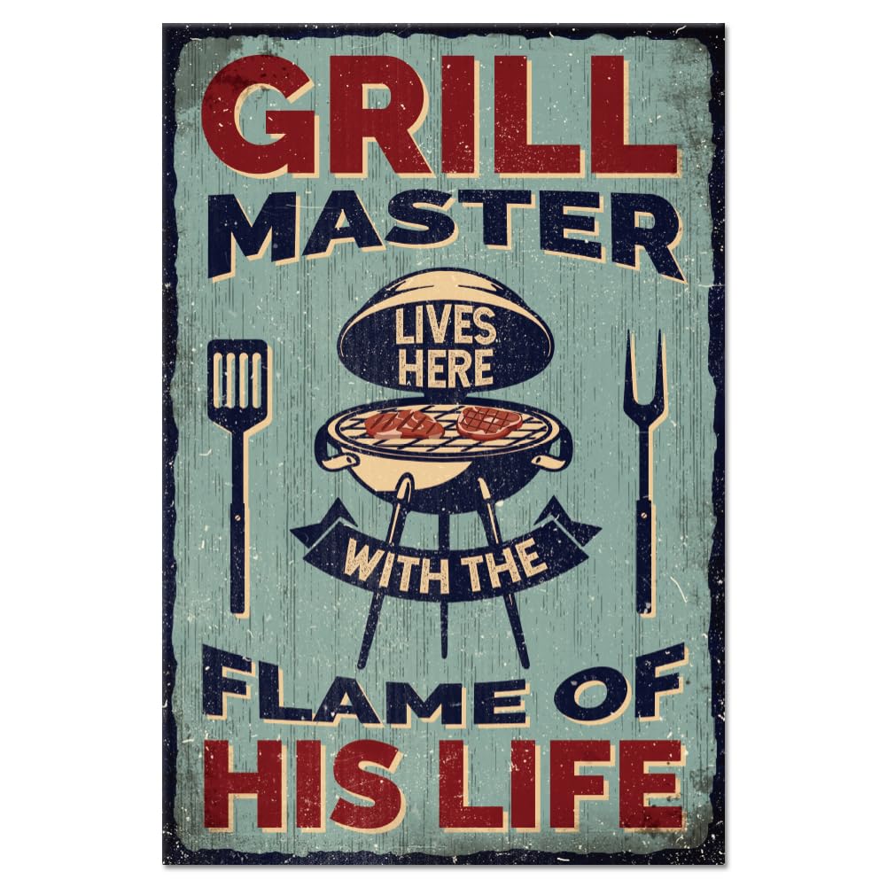 GLOBLELAND Vintage "Grill Master" Metal Tin Sign Plaque Poster 8×12inch Retro Metal Wall Decorative Tin Signs for Home Kitchen Bar Coffee Shop Club Orchard Decoration