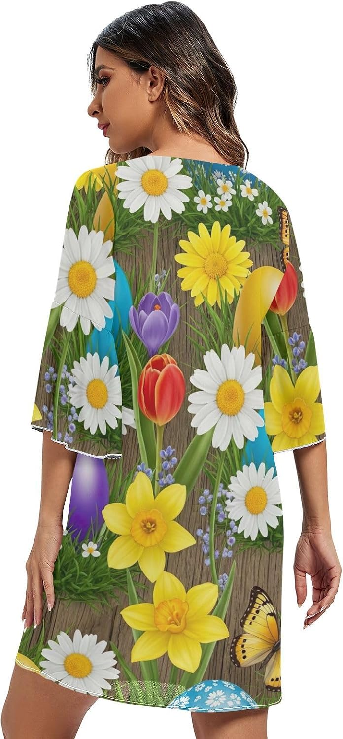Colorful Easter Eggs Spring Flowers Casual V Neck Dress 3/4 Sleeve Print Line Dress