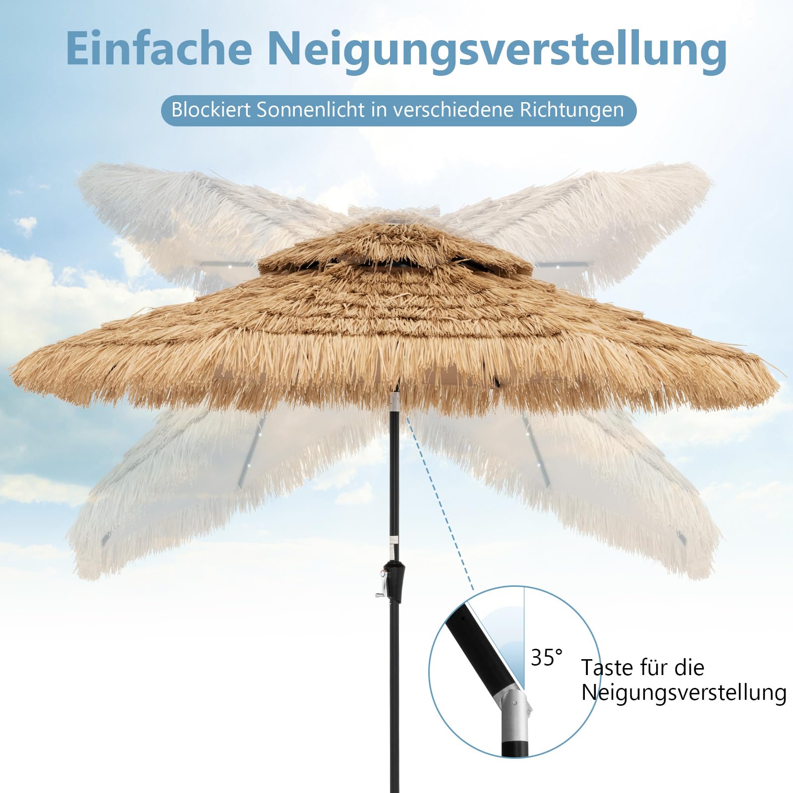 GOPLUS Sonnenschirm Hawaii, Ø 270 cm Strohschirm um 30° knickbar, Strandschirm mit LED-Solar-Beleuchtung, Sonnenschirm Stroh mit Doppeldach & Kurbel, Gartenschirm klappbar für Strand, Balkon & Garten