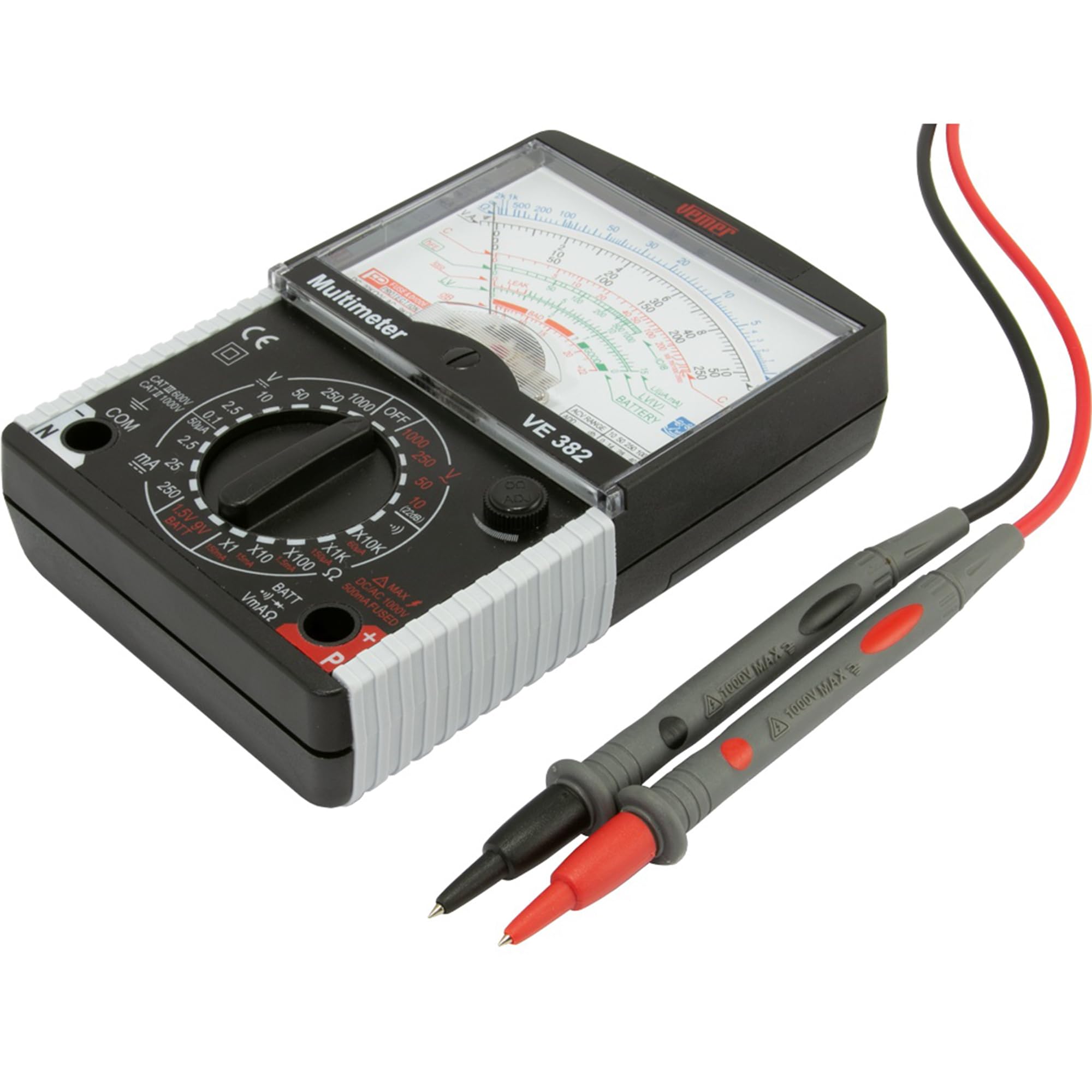 VEMER VE368700 VE 382: Tester Elettricista Analogico Tascabile, Multimetro AC/DC per Tensione, Corrente, Resistenza, Transistor, Diodi, Batterie, Nero