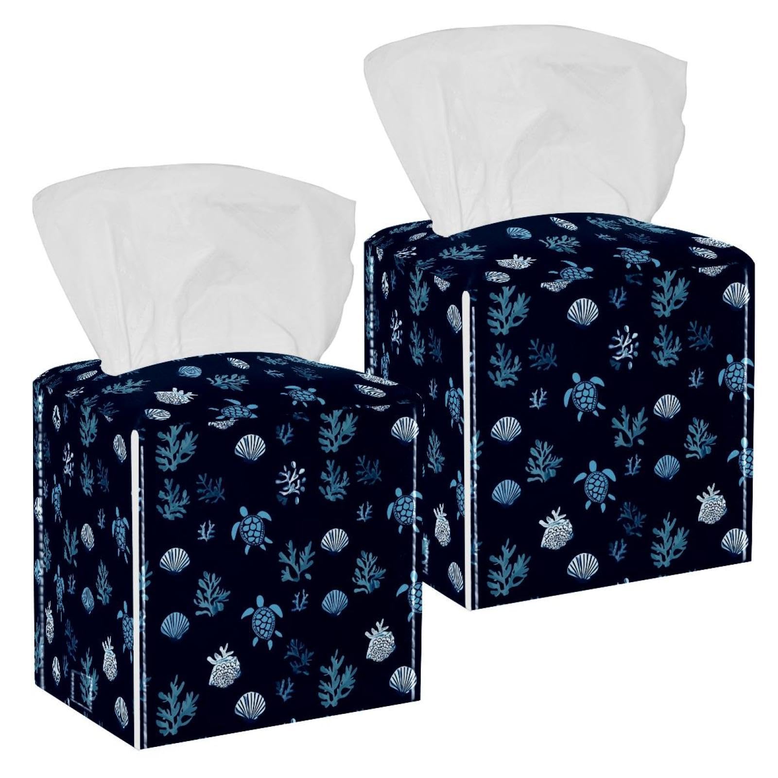 Sea Turtle Tissue Box Cover, 2 Pack PU Leather Square Facial Tissue Dispenser Box holder for Home Office Car
