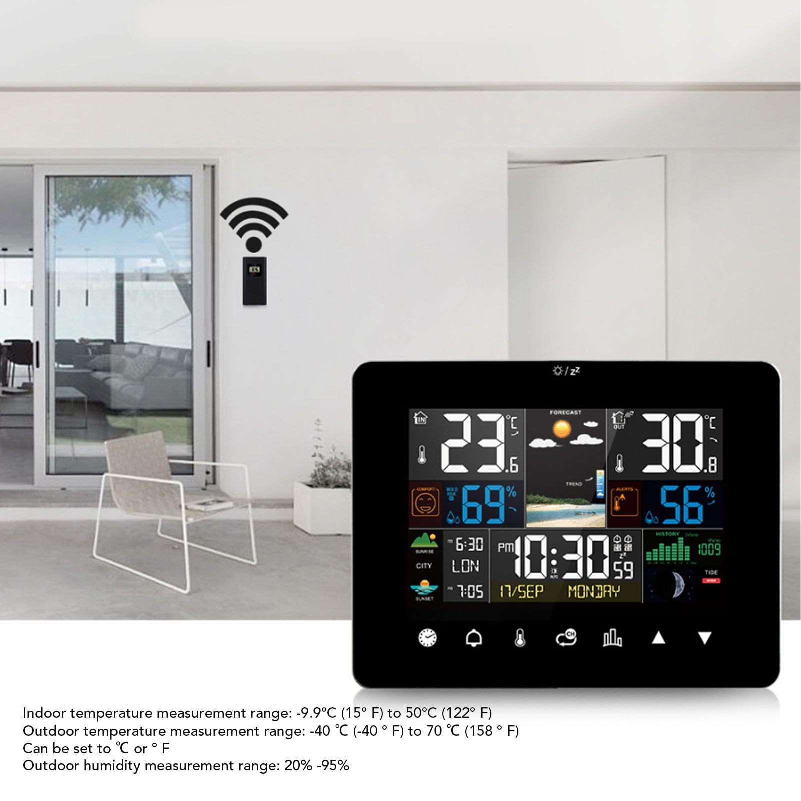 Luocute Digitales Innen- und Außenthermometer, Hygrometer, Farbdisplay, Touchscreen, Wettervorhersagestation mit Kabellosem Sensor, Wecker, Luftdruck für das Heimbüro