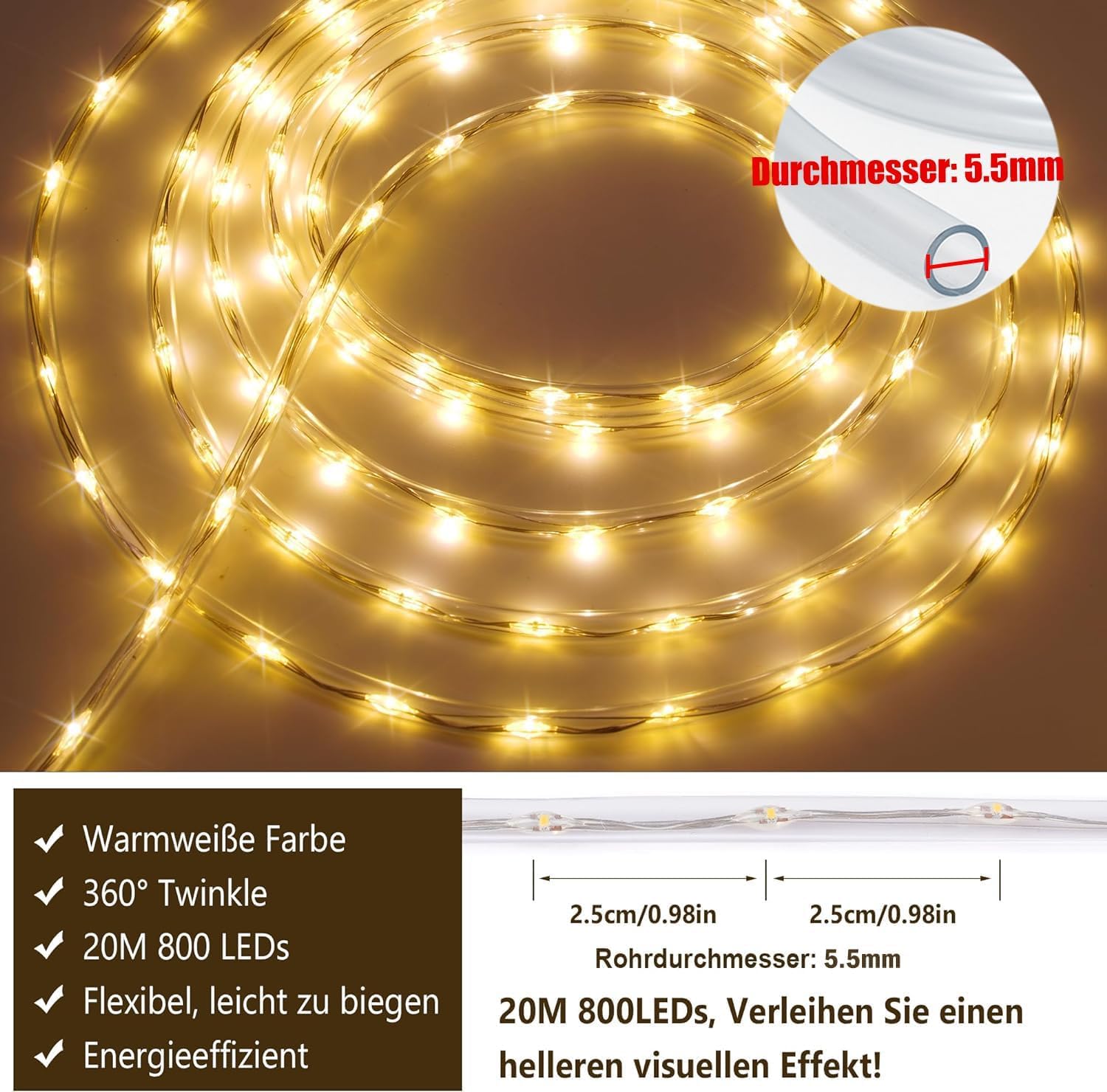 StarryEver Tubo solare a LED per esterni, 20 m, 800 LED, luce bianca calda, per esterni, con funzione di ricarica USB e telecomando, per feste, trampolino, giardino, balcone