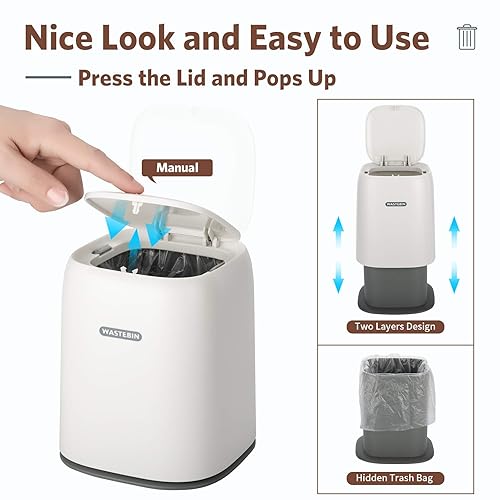 Miniatura 7 de Mini bote de basura para encimera con 3 rollos de bolsas de basura, bote de basura con tapa tipo prensa, dispensador de basura de 0.40 galones, mini