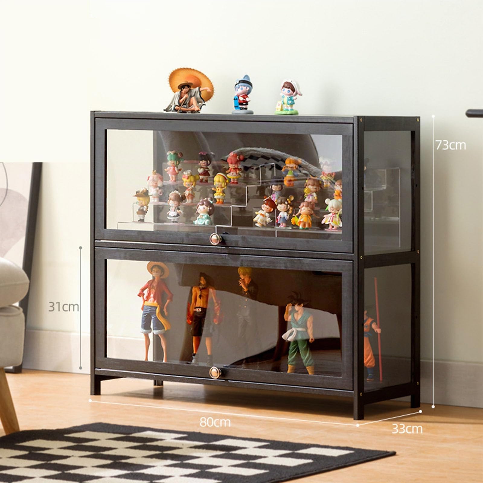 Glasvitrine, Wohnzimmervitrine, Vitrine, Starke, dichte und staubdichte Struktur, geeignet für Verschiedene Szenarien (Zwei Schwarze 80 * 33 * 73 Ebenen transparent auf DREI Seiten)