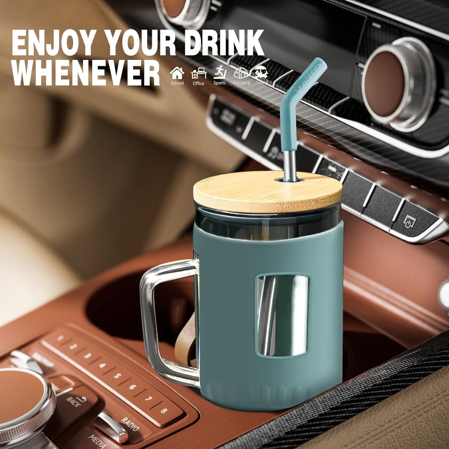 Glass Water Tumbler with Straw and Lid, 32 oz Water Bottle with Handle,Bamboo Lid & Stainless Steel Straw, Portable for Car Holder, Office, Outdoor, Gym - Image 4