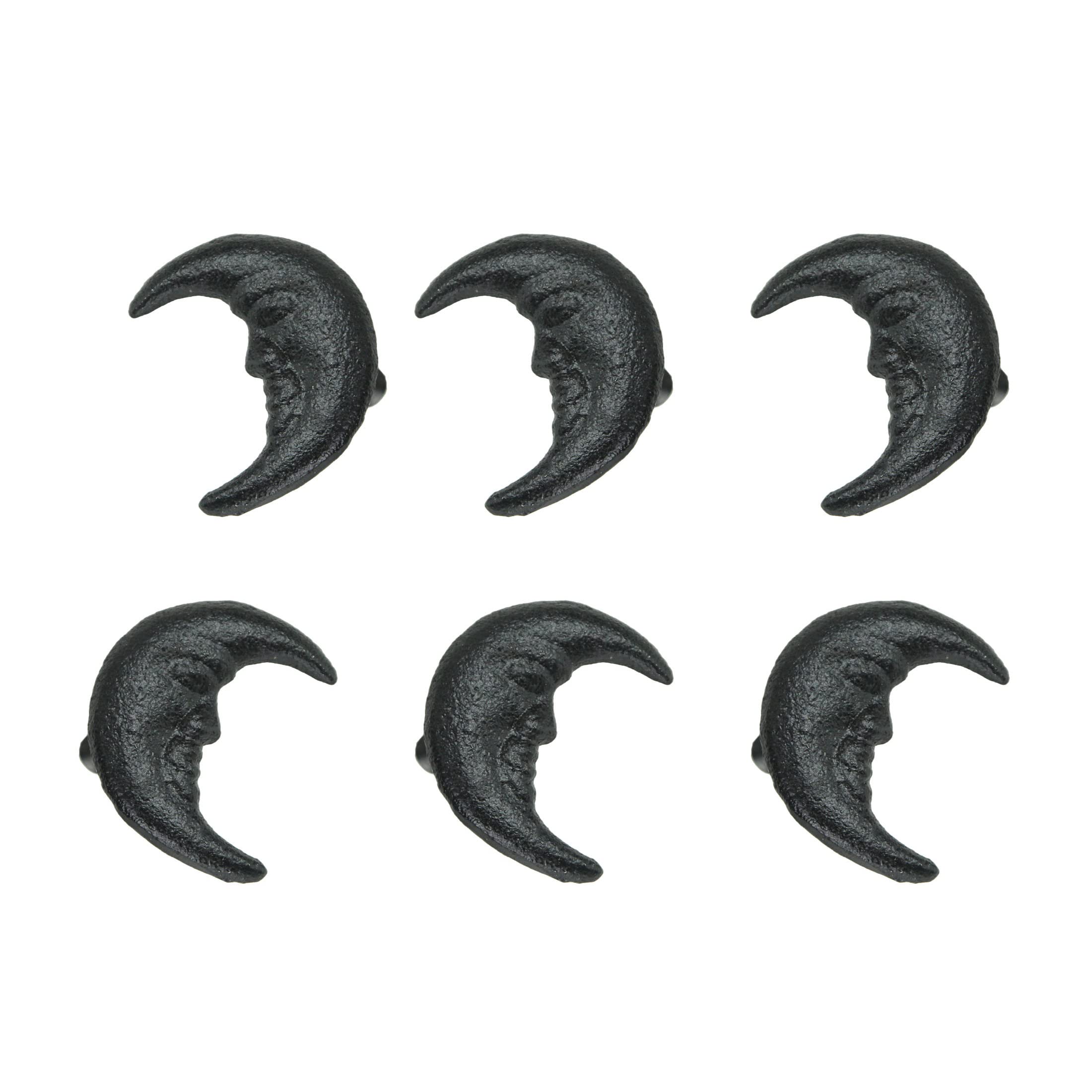 Zeckos Set of 6 Black Cast Iron Crescent Moon Face Drawer Pulls - Unique Celestial Decorative Knobs for Gothic Charm, 2 Inches High - Enchanting Cabinet and Drawer Enhancements