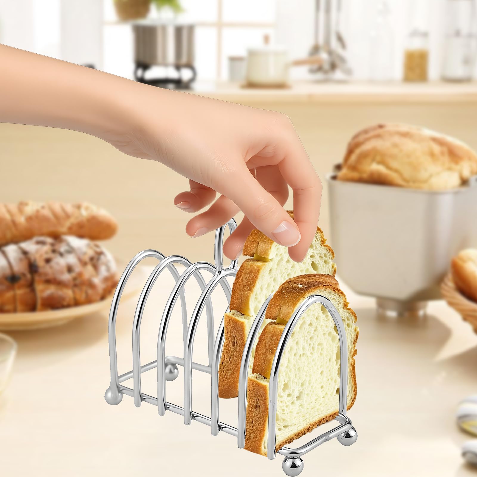 Porta Toast in Acciaio Inox, Porta Toast a 6 Fette con Piedini a Sfera e Manico Ad Anello, Porta Pane Tostato per Colazione a Buffet Pranzo Cena, 15,7 x 7,1 x 10 cm
