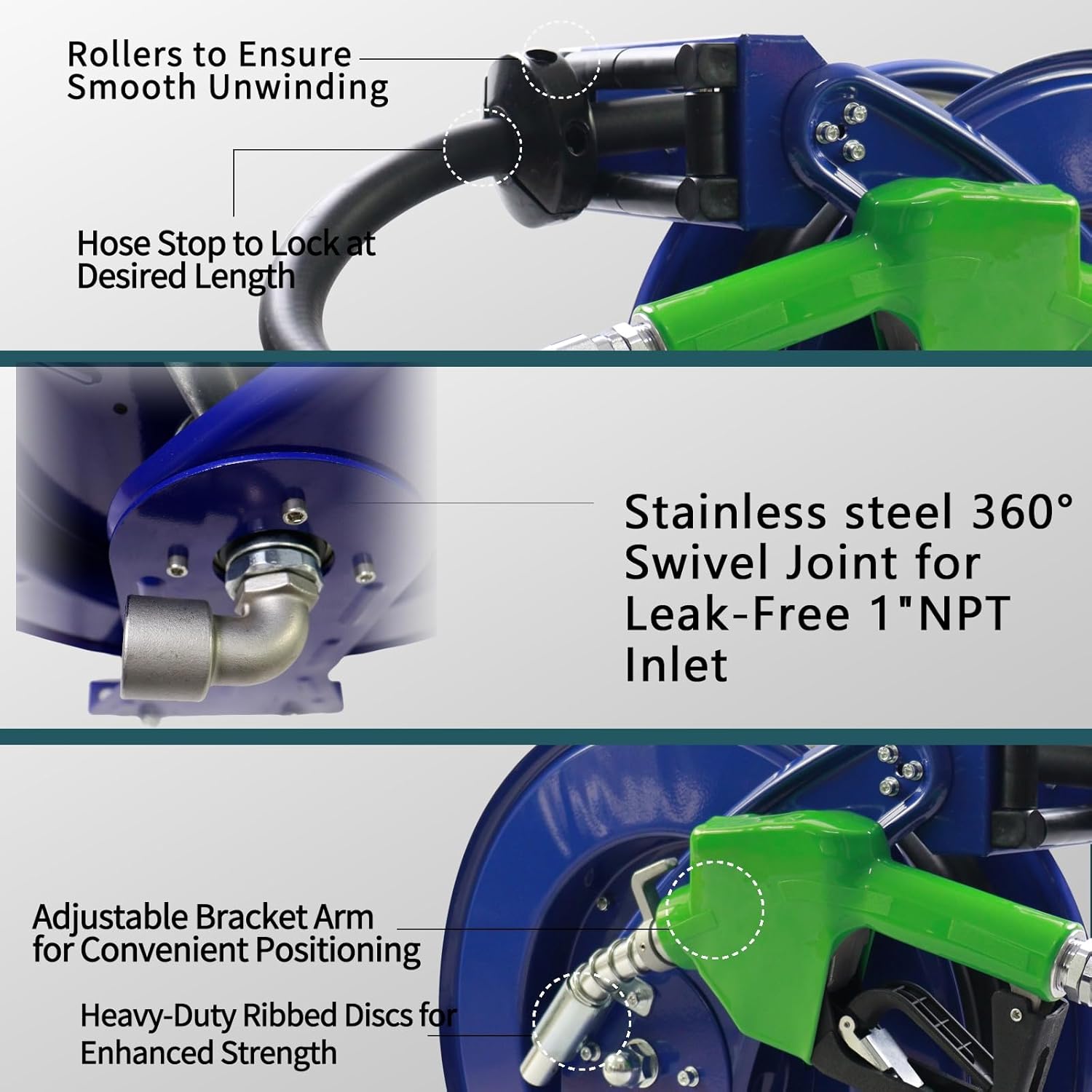 Fuel Hose Reel,3/4" X 50' Retractable Diesel Hose Reel W/Fuel nozzle,Fuel Swivel,Heavy-duty Industrial Settings. Max 300 PSI,Spring Rewind Mechanism Ease of Use for Farm Ships Vehicles