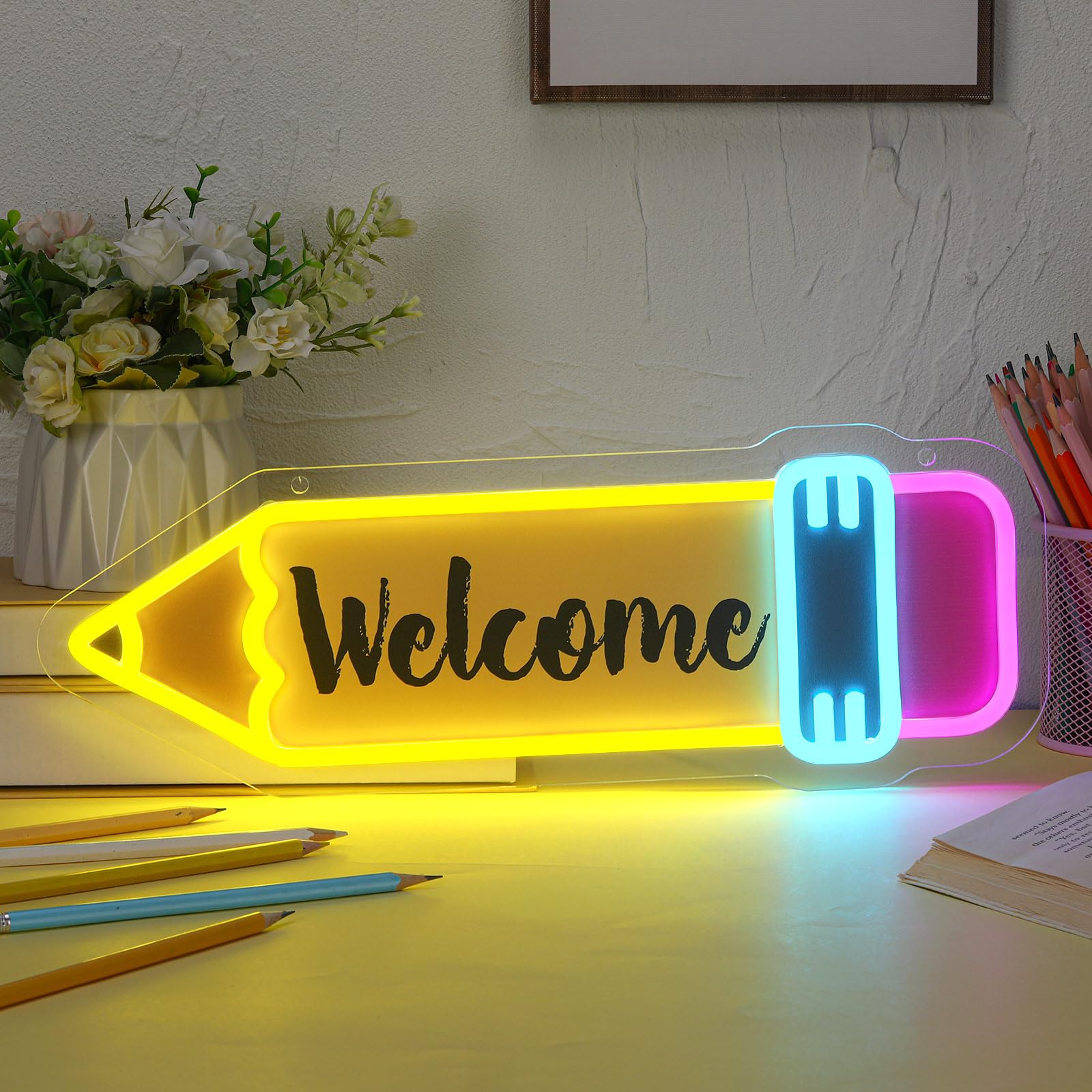 ウェルカムクラス ネオン看板 LED 学校 Retisee Pencil LED Neon Signs Back to School Wall Decoration 17 x