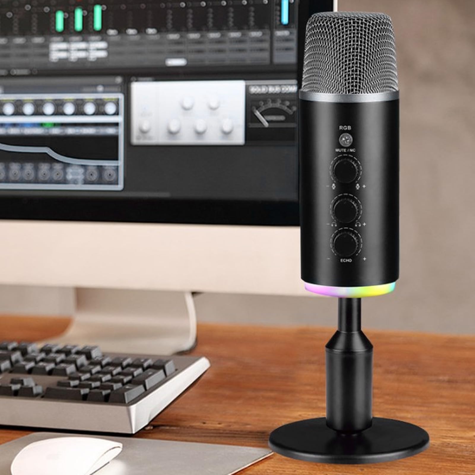 Mikrofon USB, Dźwięk HiFi, Mikrofon do Gier, Pojemnościowy Mikrofon Komputerowy, Komputer PC ze światłem RGB, Regulacja Wzmocnienia Mikrofonu, Mikrofon do Nagrywania na żywo dla