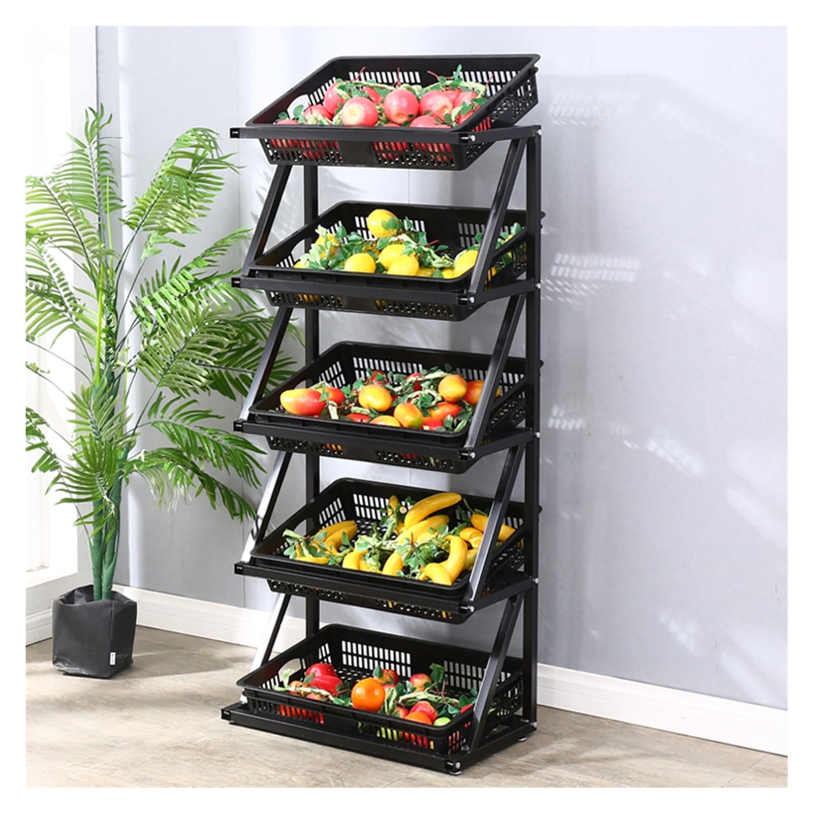 Présentoir à fruits et légumes noir avec pieds antidérapants et 5 niveaux de stockage