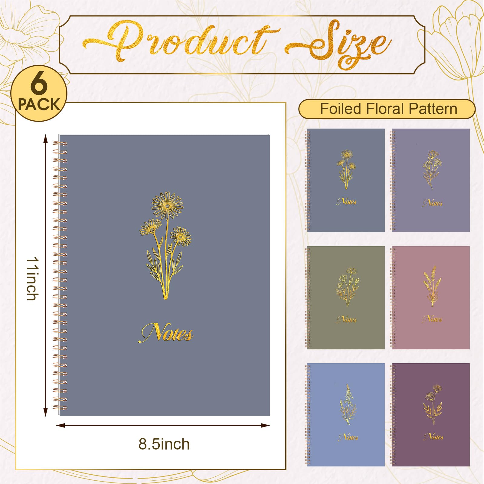Resurhang Juego de 6 cuadernos estéticos en espiral, diario en espiral de 8.5 x 11 pulgadas con tapa dura para mujeres, 120 páginas A4, cuadernos florales para estudiantes, trabajo, escuela, oficina