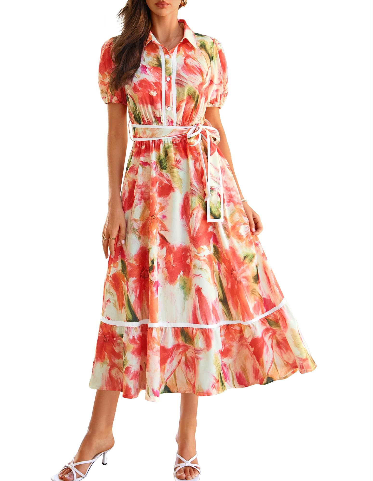 GRACE KARIN Damen Lässiges Sommerkleid Puffärmel Reverskragen Blumenkleid mit Tasche Boho Maxikleid Strandkleider