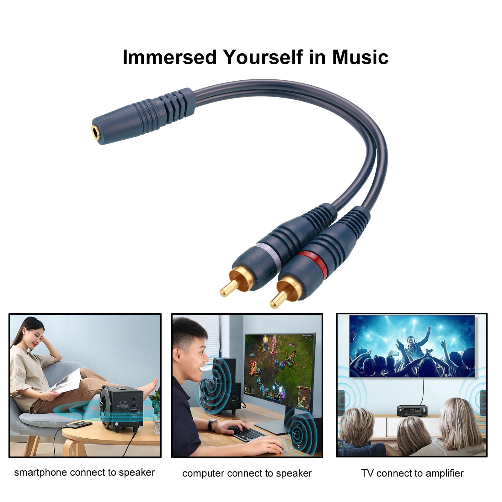 Kabel RCA Audio z gniazdem 3,5 mm na złącze RCA, pozłacany, kabel RCA 3,5 żeński na 2 RCA męski 22 cm, Audio Stereo do telefonów komórkowych, wzmacniacza, głośnika, telewizora