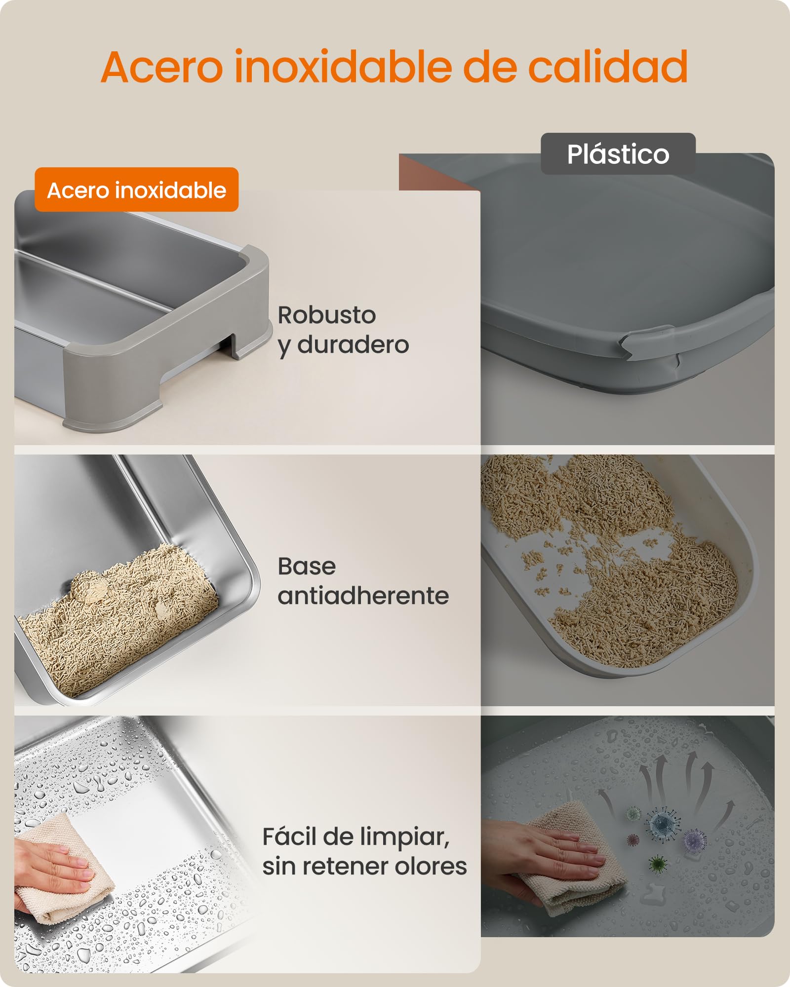 Feandrea Arenero para Gatos de Acero Inoxidable, Caja de Arena con Bandeja Extraíble, Pala, Cepillo, 2 Entradas, para Gatos de hasta 15 kg, Gris Claro y Gris Oscuro PPT004G101