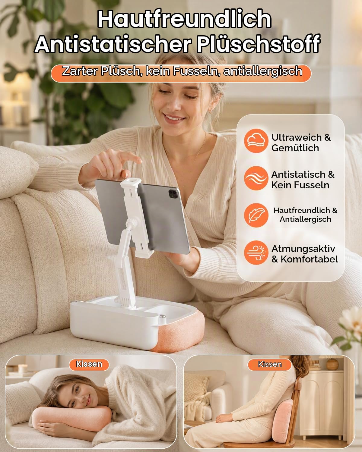 iPad Kissenständer für Bett & Schoß – [270° 360° verstellbar][abnehmbar], freihändiger Tablet-Halter mit Snackschalen, Pink, kompatibel mit 5,4-8,8" iPad, Kindle, Handy, Switch