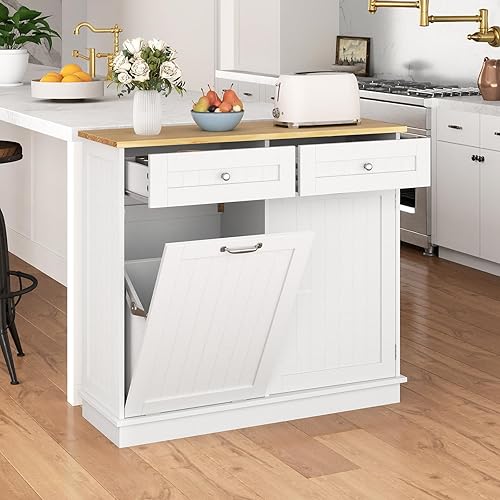 Miniatura 27 de Armario de basura inclinable, isla de cocina con 2 cajones y estante ajustable, encimera de madera de goma, cesta de lavandería independiente,
