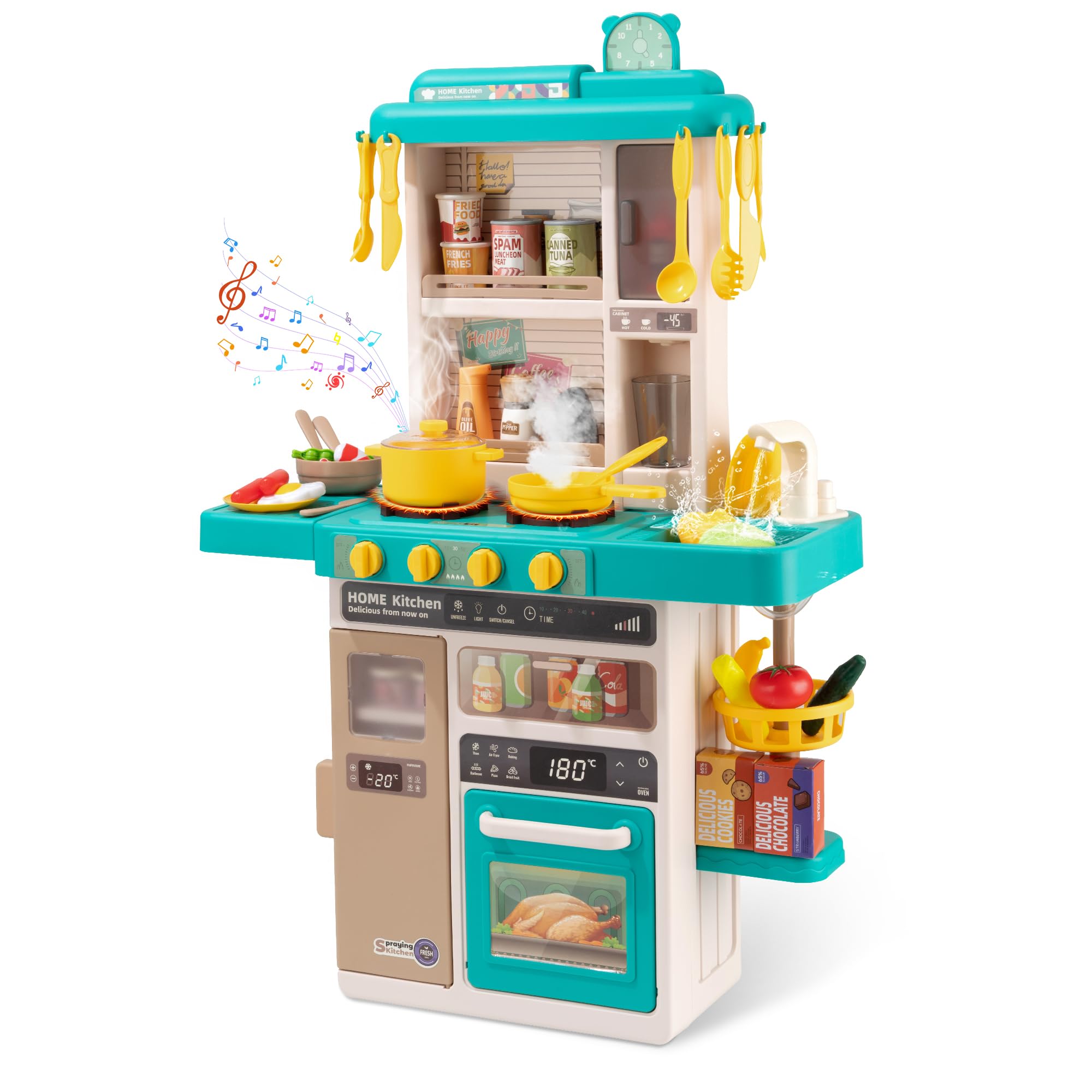 Kids Kitchen Play Set，Interactive Kids Kitchen Play Set with 50Pcs of Pretend Kitchen Toys，Realistic Sound Effects，and Simulated Functionality - Suitable for Toddlers Aged 3-5 Years (Green)