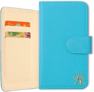 スマホケース ELUGA X P-02E ケース 手帳型 ゴージャス イニシャル付 大人シンプル レザー カバー [文字 R 専用] (スカイブルー) DoCoMo ドコモ