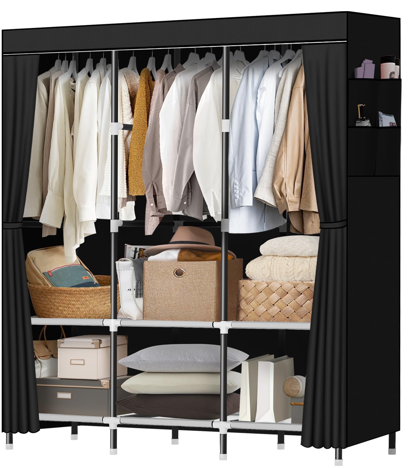 LOKEME Wardrobe Closet,Portable Closet for Bedroom Steel Pipe Diameter 19mm Strong and Sturdy Black Portable Closets for Hanging Clothes with 3 Hanging rods, 6 Storage Shelves and Side Pockets