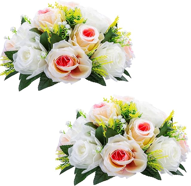 Pcs of 2 Fake Flower Ball Arrangement Bouquet,15 Heads Plastic Roses with Base, Suitable for Our Store's Wedding Centerpiece Flower Rack for Parties Valentine's Day Home Décor (Pink Champagne & White)