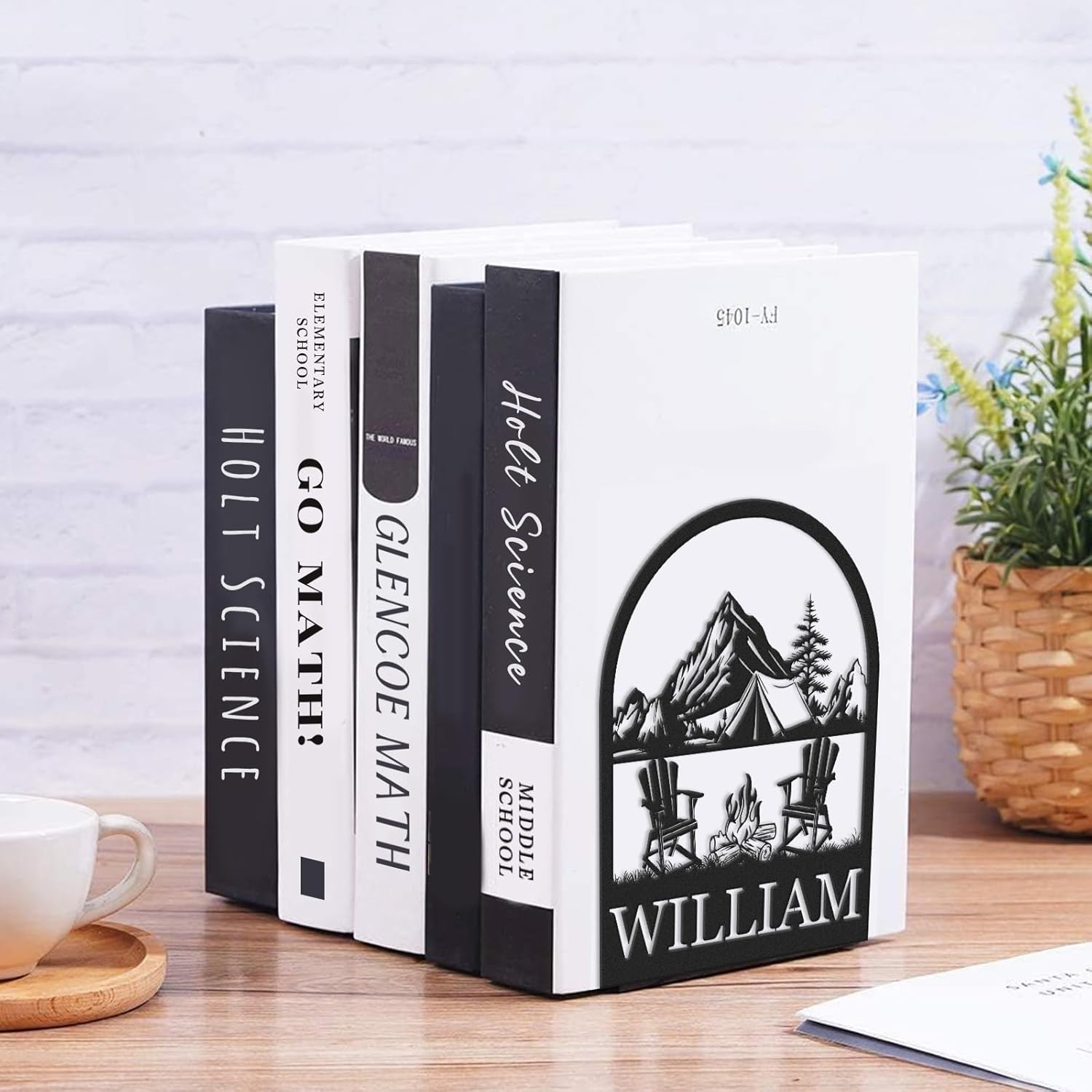 Personalized Name Metal Book Ends 2 Pcs, Modern Bookends for Shelves, Book Stopper for Heavy Books, Camping Bookshelf Decor, Book Organizer for Desk, Book Holders for Home Office, Gifts for Camper