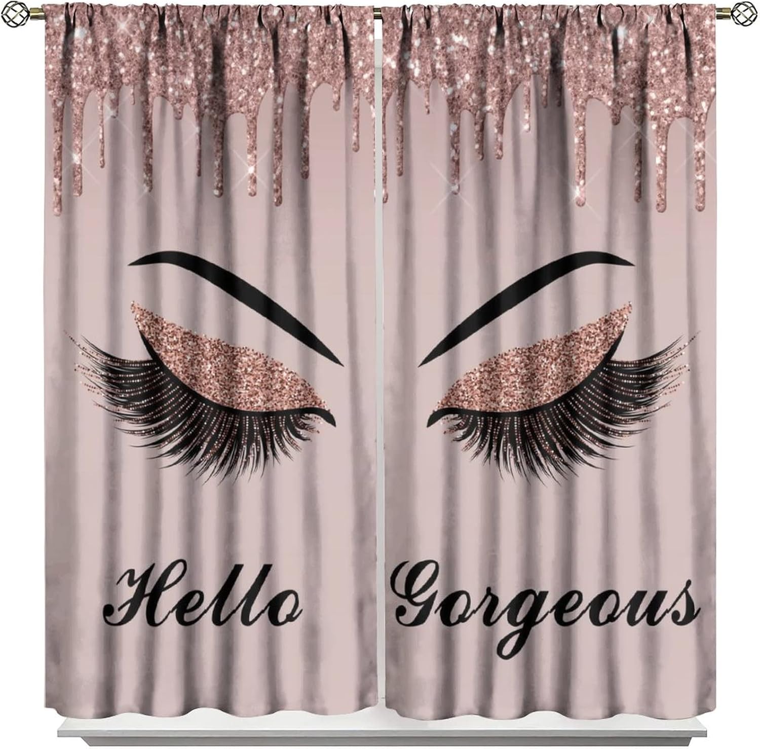 Pretty Eyelash Curtain Fashion Abstract Spark Rose Gold Drips (No Glitter) Hello Gorgeous Girls Bedroom Decor for Kitchen Living Room Rod Pocket Blackout Printed Window Drapes W63 x L63