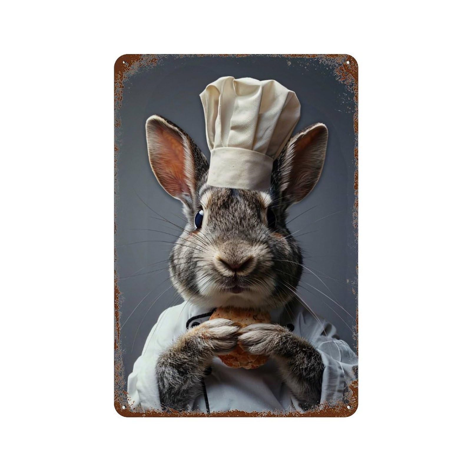 Rabbit Chef Holding Bread 11.8"x7.9" Retro Metal Sign, Old School Wall Decor for Office, Studio And Wall Decor