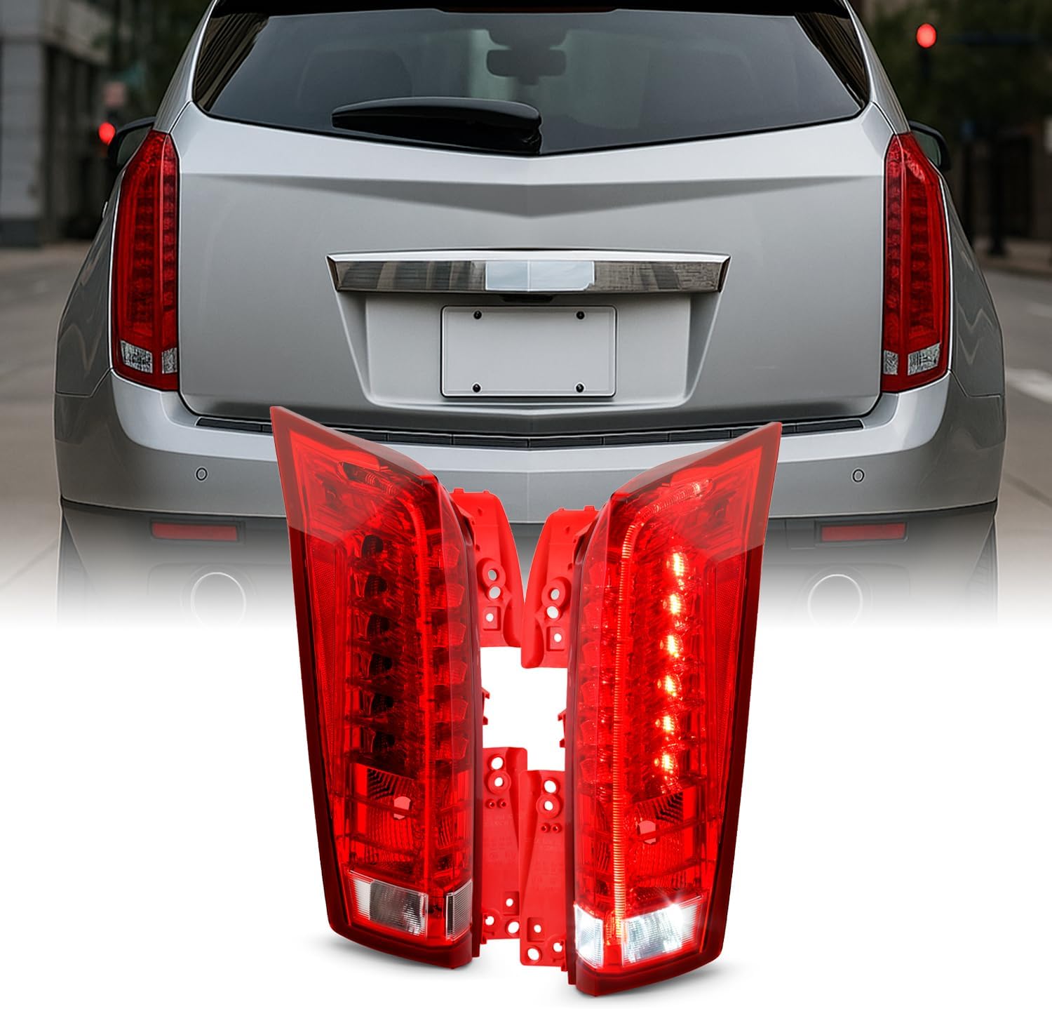 AKKON - Fits 2010-2016 Cadillac SRX LED Running Reverse Chrome Red Clear Tail Lamp Brake Lights Pair Driver + Passenger