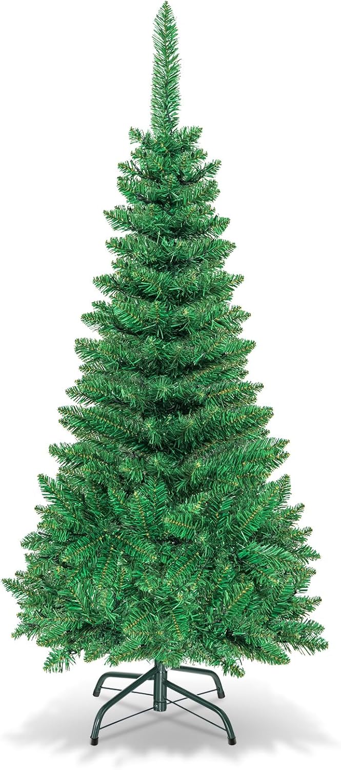 DORTALA Pre-lit Christmas Tree, 7.5FT Pencil Artificial Xmas Tree with 1085 Branch Tips, 350 LED Lights, Folding Metal Stand, Green