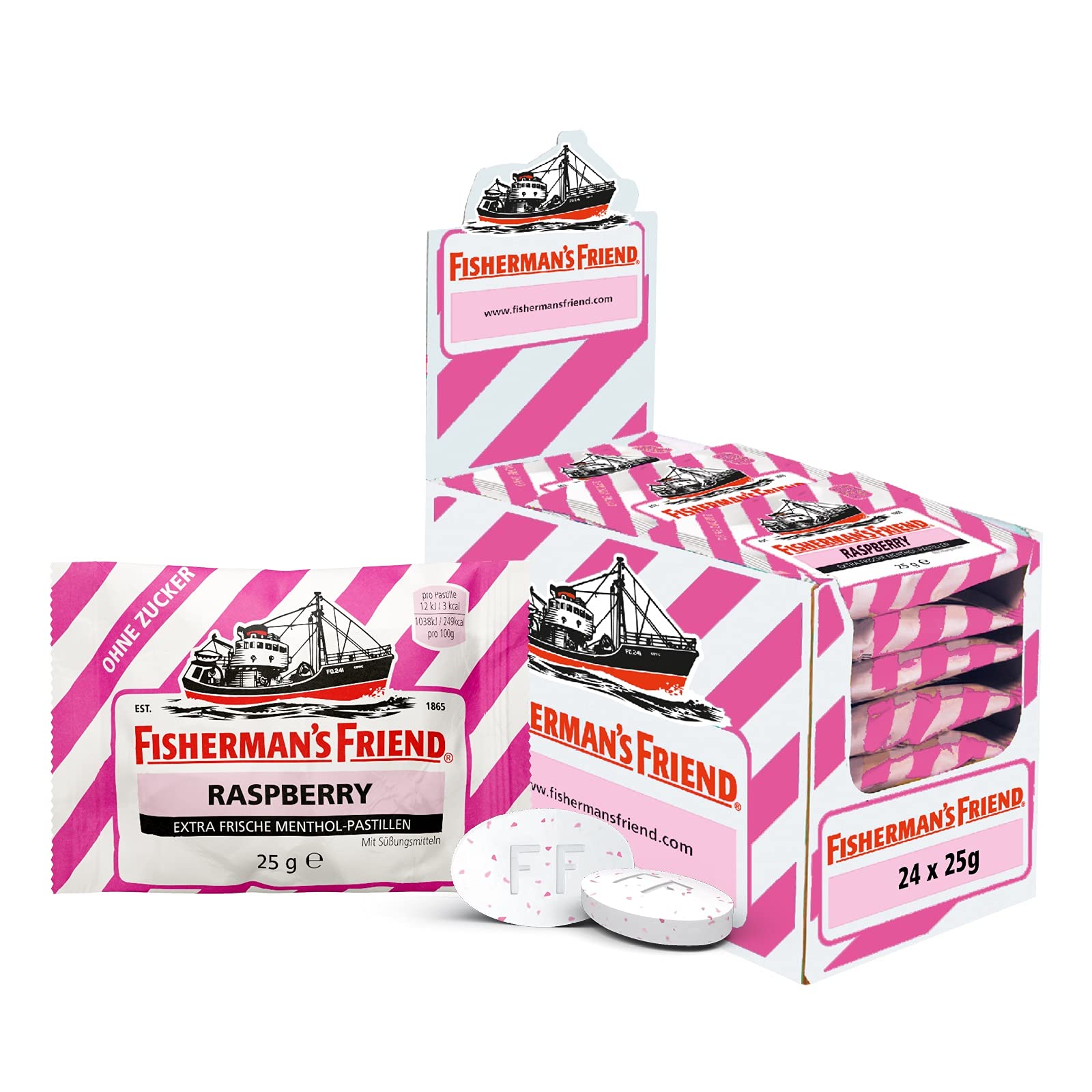 Fisherman's Friend Raspberry, 24er Vorratsbox, Himbeere und Menthol Geschmack, zuckerfrei & vegan, Bonbons für frischen Atem, 24 x 25g