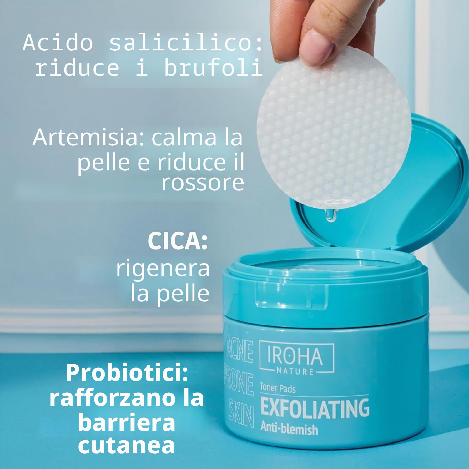 Iroha Nature - Dischi Tonici Esfolianti con Acido Salicilico e Probiotici | Per pelle acneica | Riduce imperfezioni | 50 dischi biodegradabili