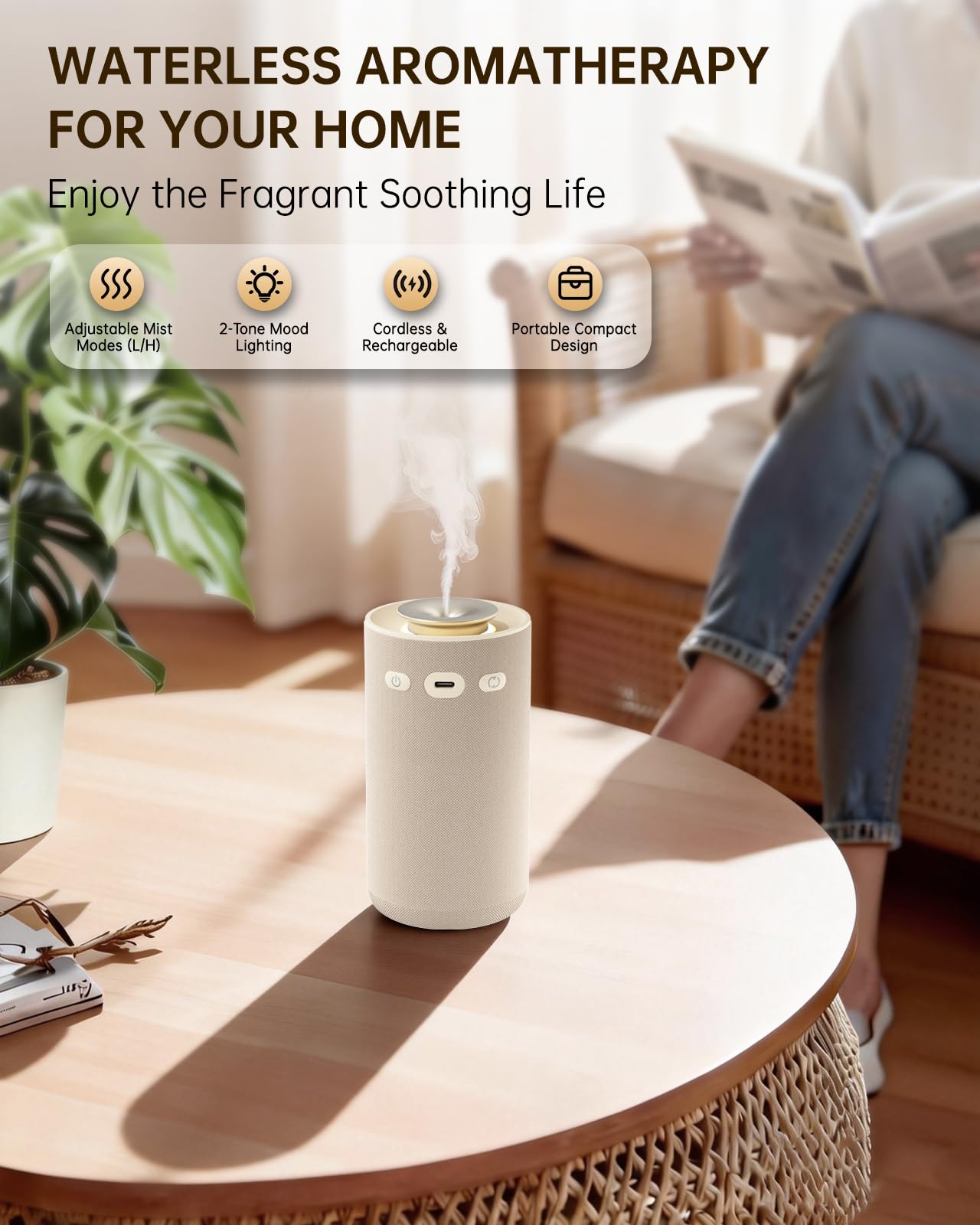 Aroma Diffuser Kabellos, Wasserloser Duftzerstäuber mit hochwertigem Stoffbezug für Ätherische Öle mit Akku & Warmlicht, Eleganter Raumduft Vernebler für Wohnzimmer & Auto (Smart Sensor)-Cremeweiß