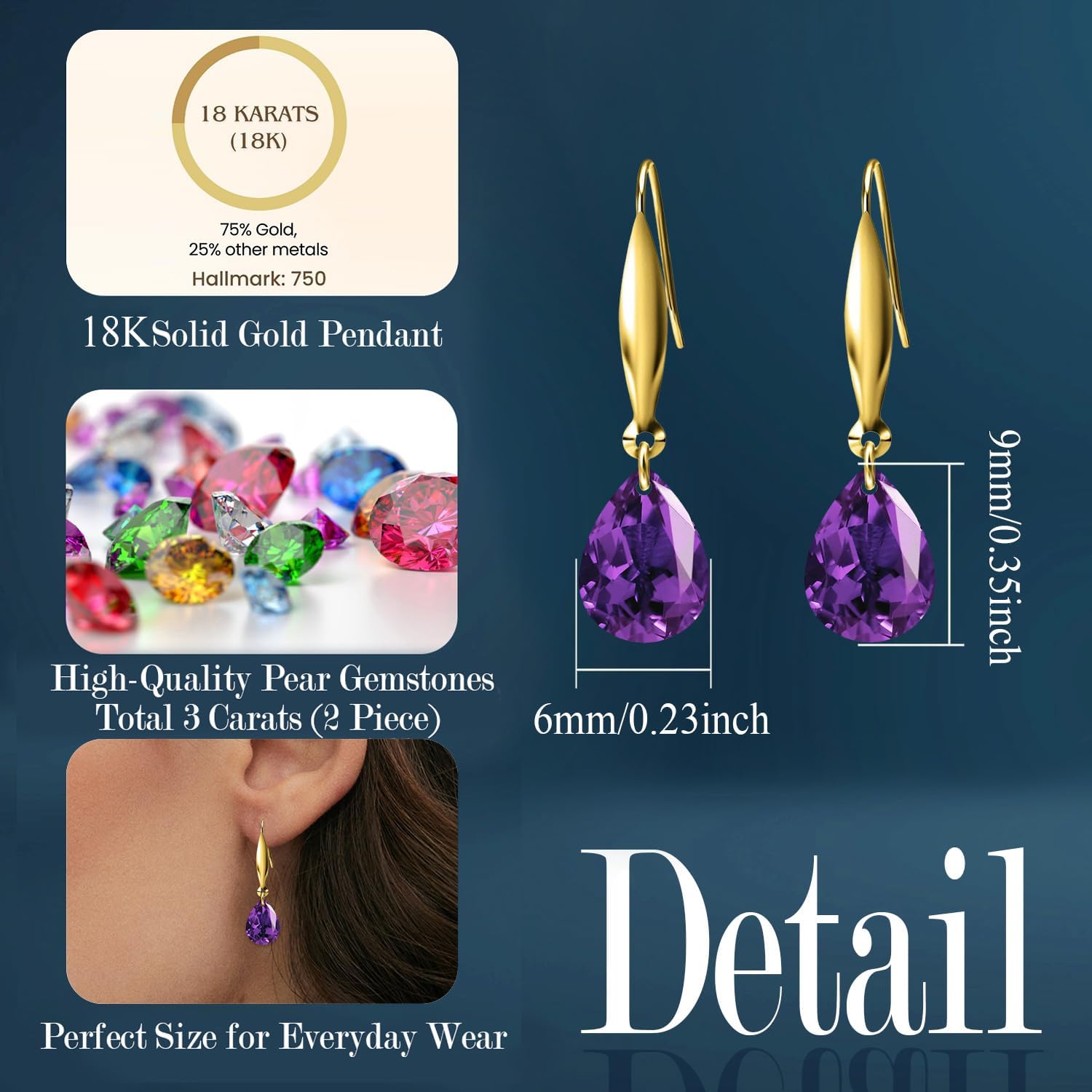18K Gold Pear Birthstone Dangle Earrings for Women,Teardrop Created Gemstone Earring(Total 3 Carat 6MM*9MM*2) Anniversary Birthday Mother's Day Jewelry for Mom Her - Image 4