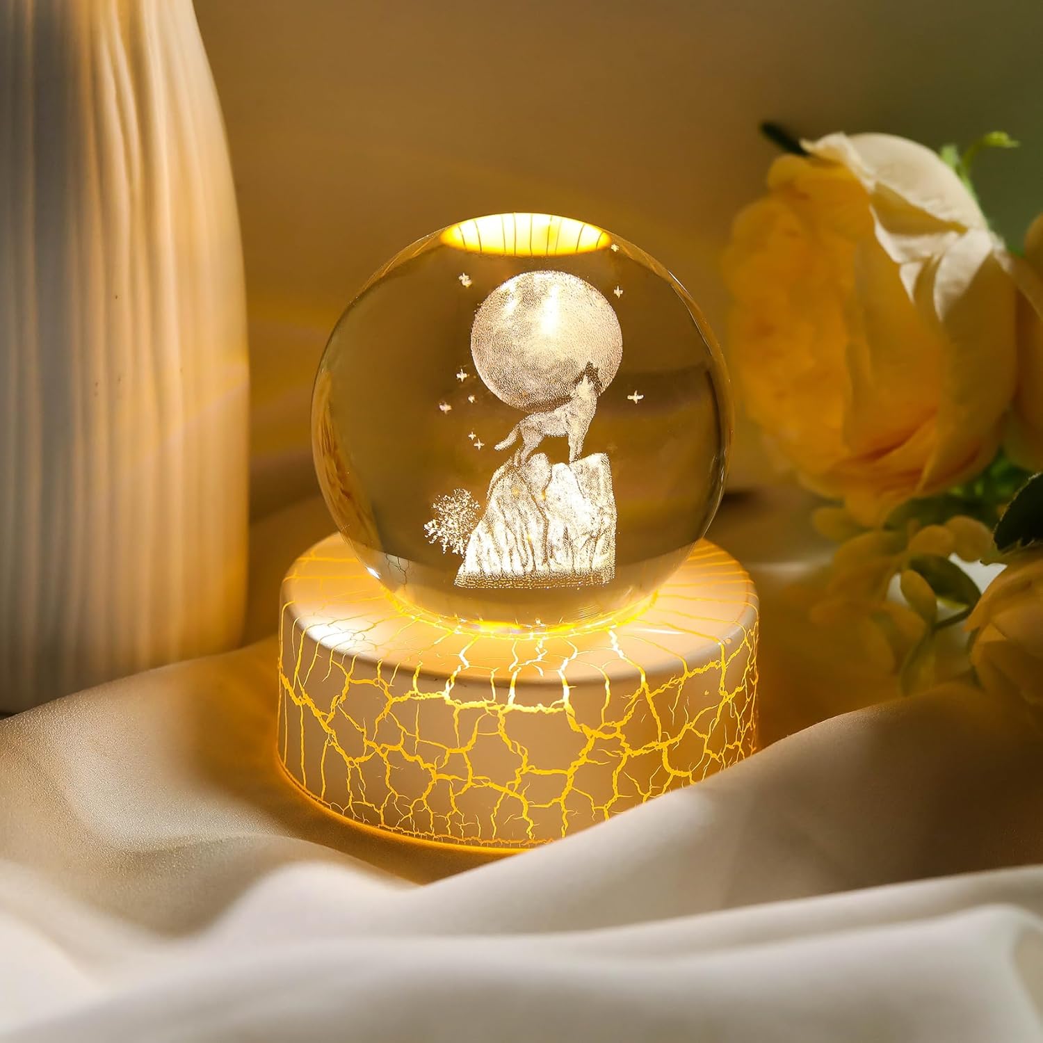 2.36in. 3D Wolf Crystal Ball Gifts for Women Men, K9 Crystal Decorative Ball Engraved Wolf Figurine Paperweight with LED Light Base for Home Office Decoration for Birthday Christmas - Image 5