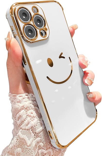 Tzomsze Case for iPhone 13 Pro Max, Cute Luxury Smiley Face Pattern Soft TPU Edge Bumper Case for Girls, Camera Lens Protection Lips & Shockproof Airbag Reinforced Corners Cover Case 6.7-Inch (White)