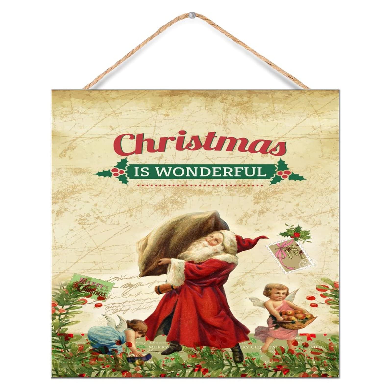 Panneau mural decoration chambre en bois de pin vintage Old Time Santa
