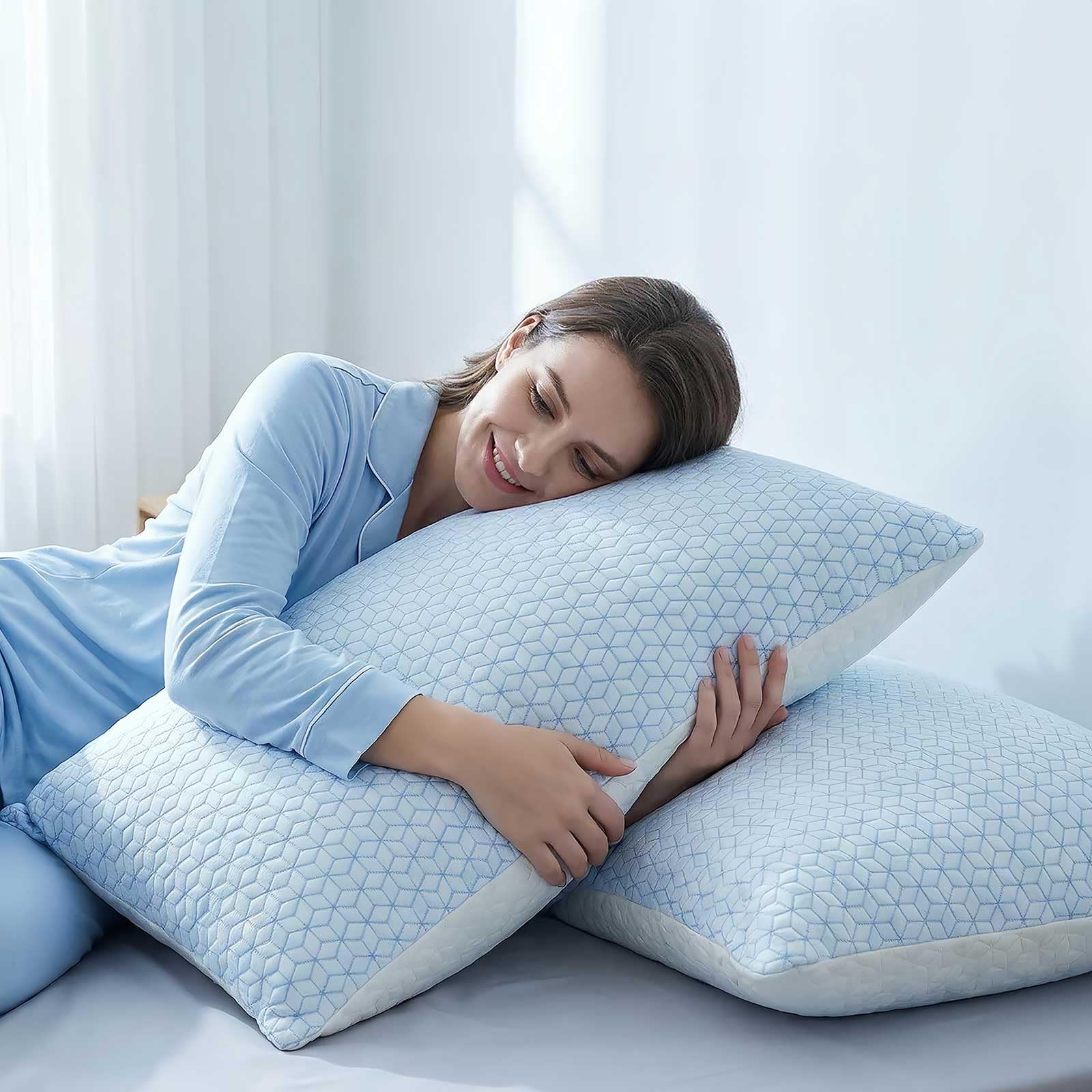 Faux-Goose Down Pillows Standard/Queen Size Set of 2, Cooling Soft Fluffy Pillows with Zippered Removable Cover(Rayon Drived from Bamboo Fabric) for Side Back Stomach Sleepers - 1